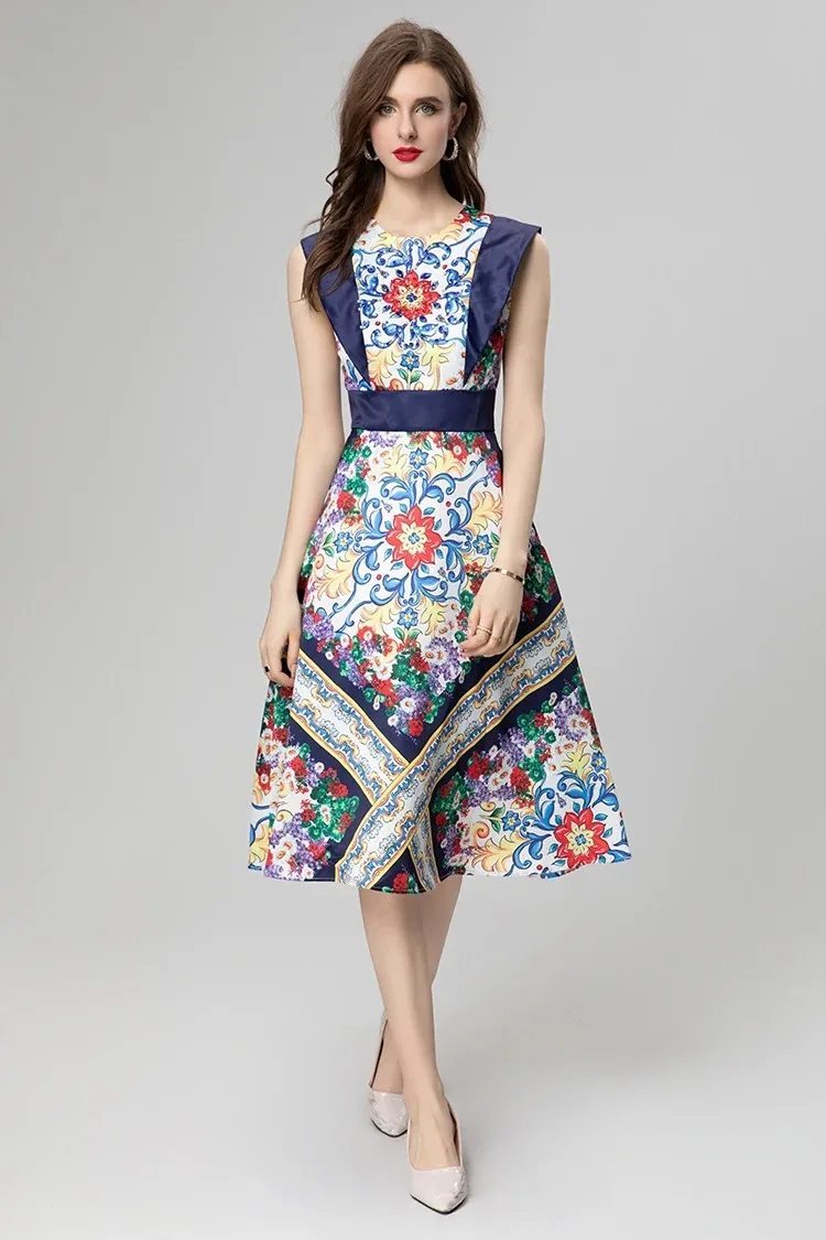 

Summer Fashion Designer High Quality Women Dress Elegant Holiday Vintage Floral Print Sleeveless O-Neck A-LINE Dresses