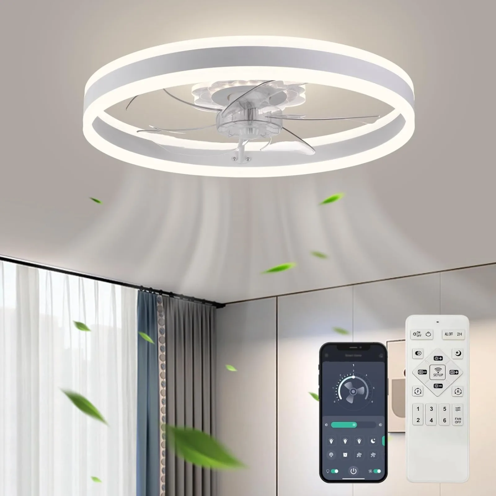 

US Ceiling Fan with Light, 2024 Upgraded 20‘’ Low Profile Fan, Flush Mount Ceiling Fan, 6 Speeds, Dimmable LED, App & Remote