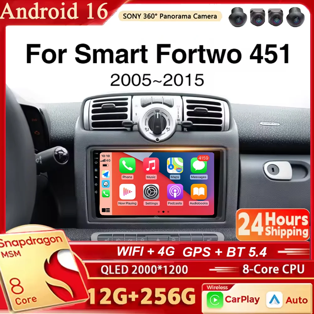 Android 16 CarPlay Android Auto For Mercedes Benz Smart Fortwo 451 2005 - 2015 Car Radio Stereo Navigation Multimedia Player GPS