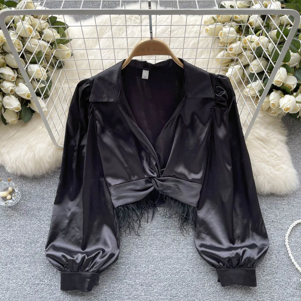 Elegant Satin Fluffy Tassels Long Sleeve Blouse Chic Vintage Korean Fashion Crop Top Women Spring Summer Shirts Gothic Clothing