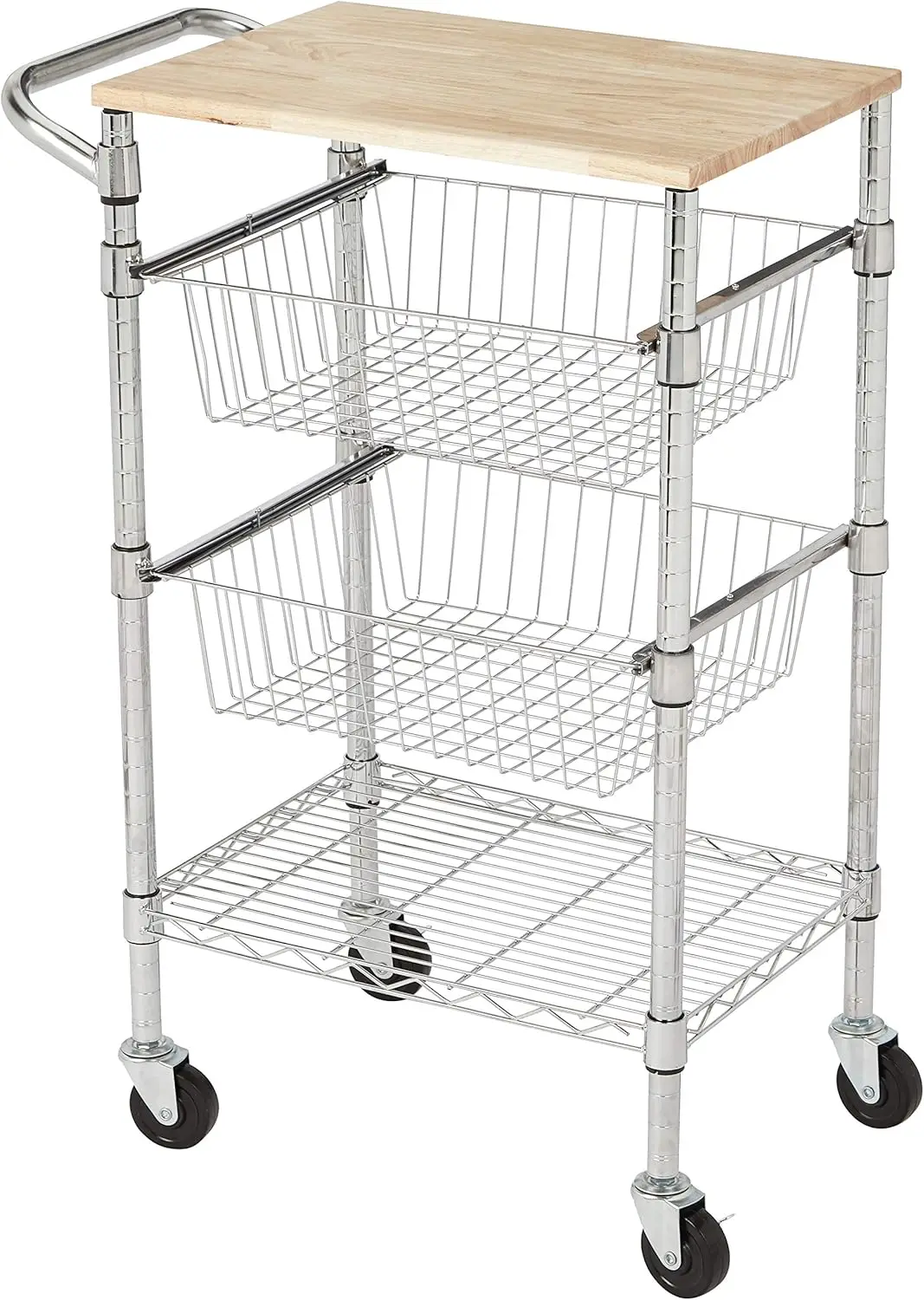 

3-Tier Rolling Cart with Wood Top, Silver Metal Kitchen Storage Organizer