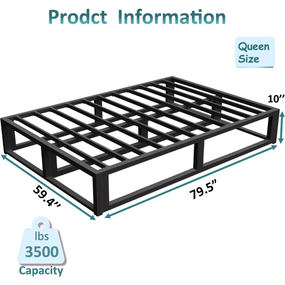 10 Inch Queen Bed Frame with Steel Slat Support, Low Profile Queen Metal Platform Bed Frame Support Mattress Foundation