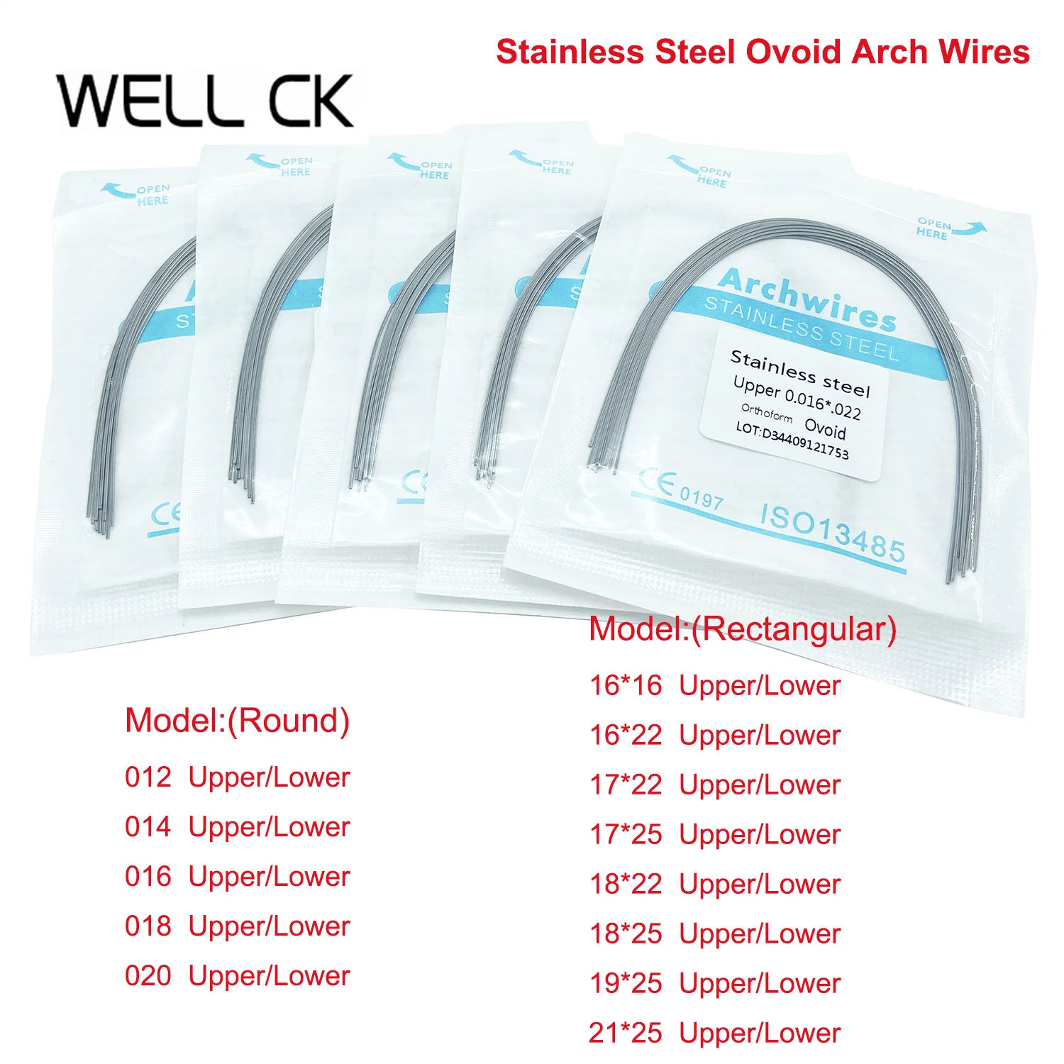 10 pçs/pacote WellCK Dental Ortodôntico Aço Inoxidável Arch Wires Round/Retangular Ovoid Form Material de Odontologia Superior e Inferior