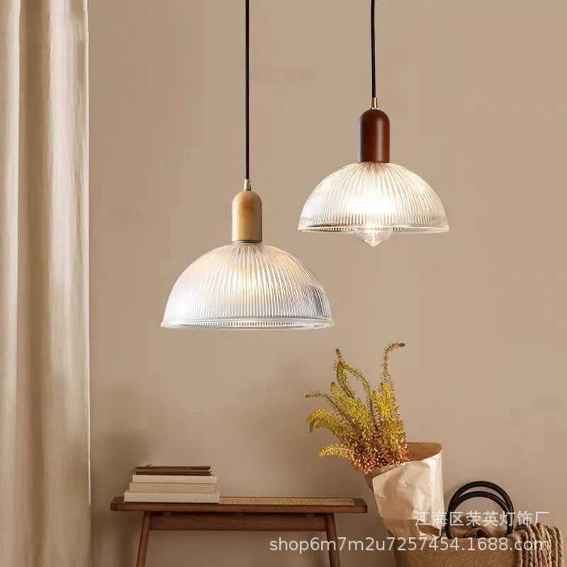 

Vintage Modern Glass Pendant Light Restaurant Bar Nordic Retro Wood Hanging Lights Dining Room Bedroom Bedside Decor Pendant Lam
