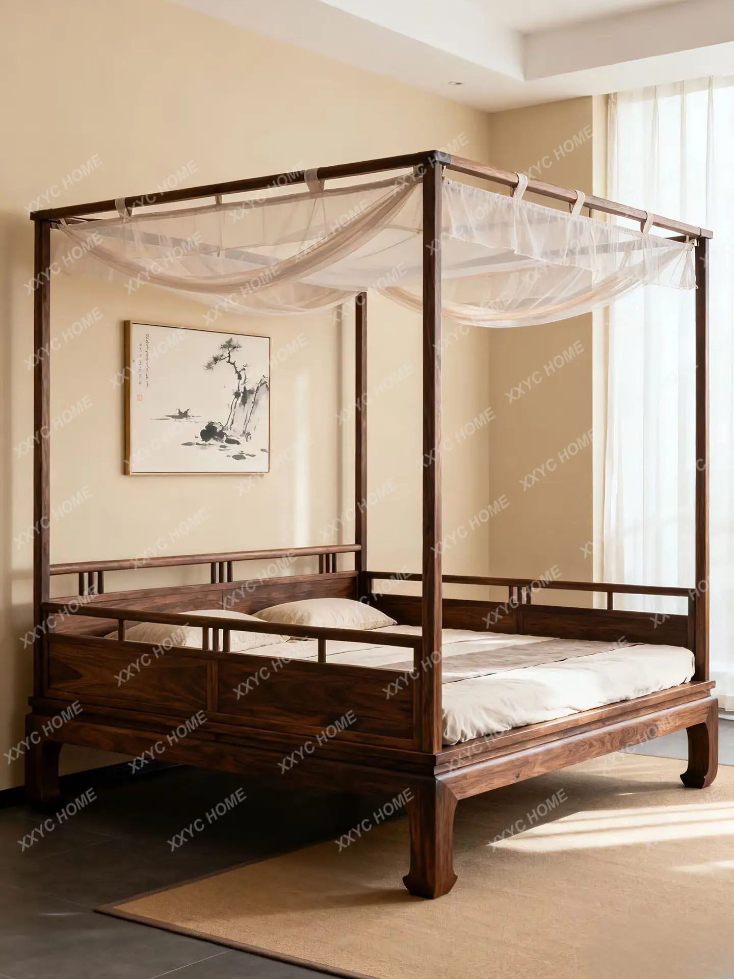 New Chinese-style North American black walnut shelf bed minimalist pullout bed bedroom double solid wood four-poster bed