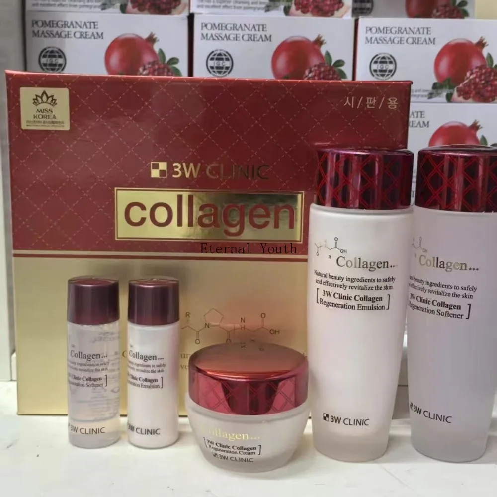 

Набор для ухода за кожей с коллагеном Korea 3W Clinic: осветление, увлажнение, повышение эластичности. Полноразмерный и дорожный набор, 5 шт.