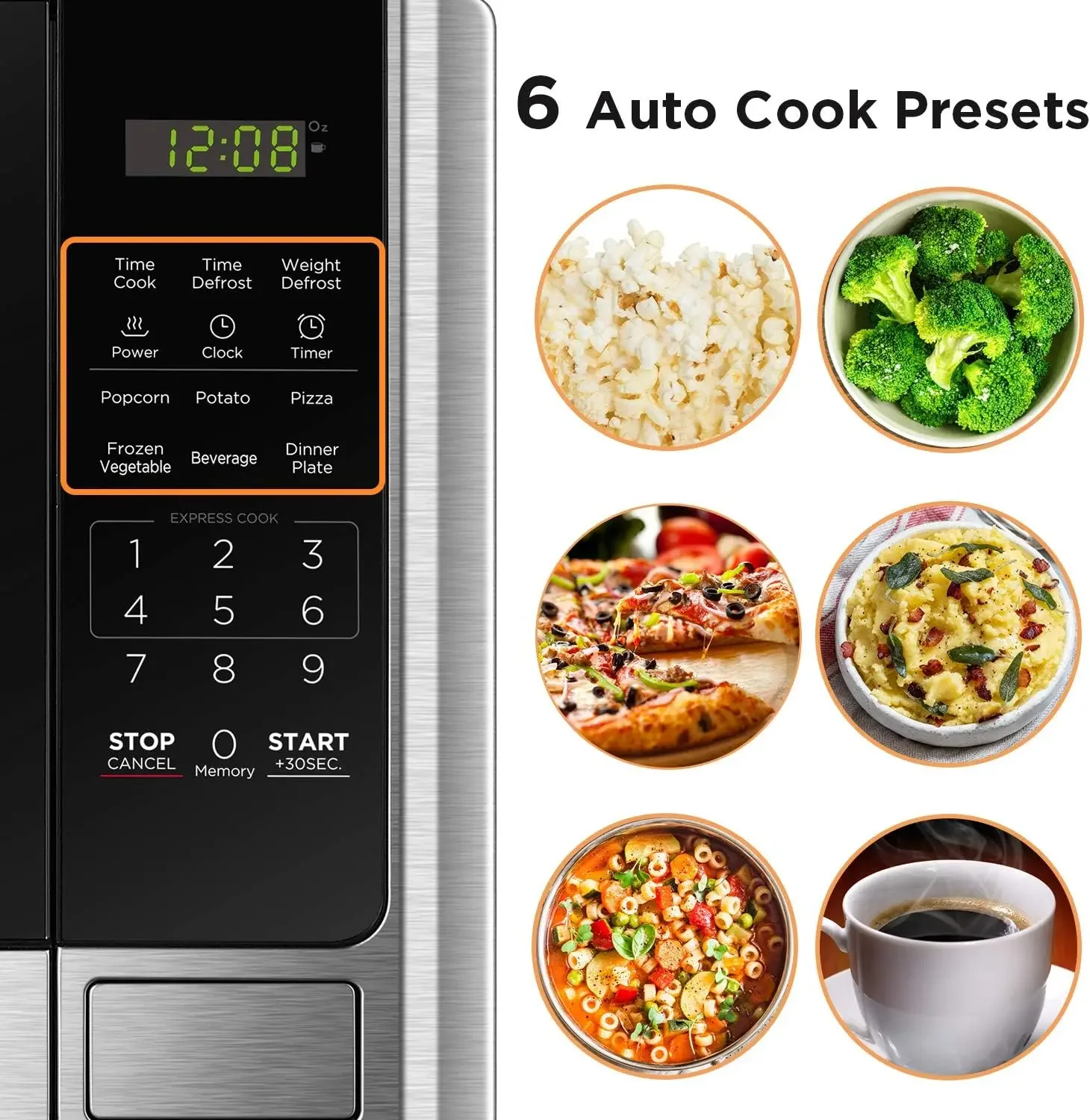 Digital Microwave Oven with Turntable Push-Button Door, Child Safety Lock, Stainless Steel, 0.9 Cu Ft