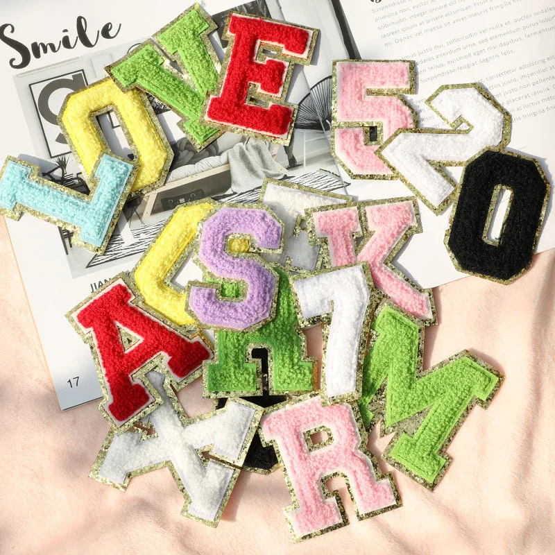 5.5CM Chenille Letter Patches Iron on For Cloth Towel Embroidered Felt Alphabet Sequins Heat-adhesive Applique for DIY Accessory