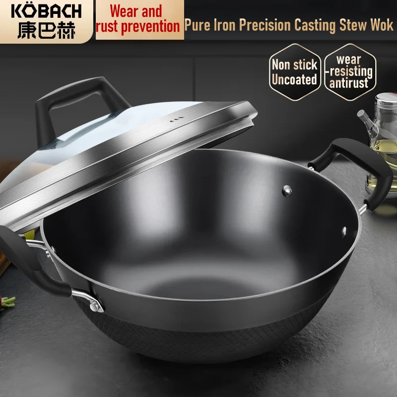 Flat Bottom Frying Pan Stainless Woks with Glass Cover Bakelite Handle Steamer Uncoated Non Stick Stew Pot Wok Cast Iron Pot