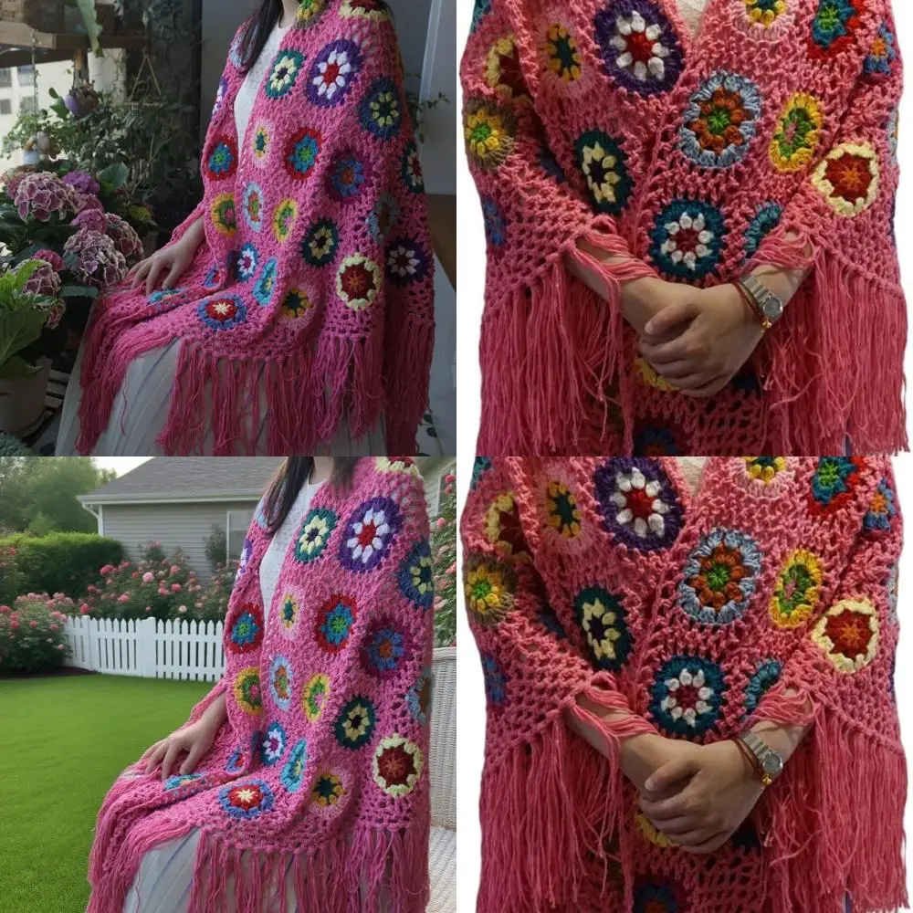 

Women's 70x34in Crochet Fringed Poncho Shawl Granny Square Coat Sweater