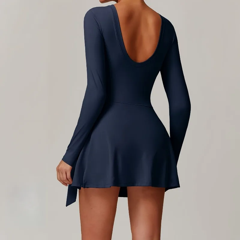 Vestido falso de dos piezas antideslizante para mujer, vestido deportivo adelgazante para Yoga, entrenamiento de tenis, vestido Sexy con lazo en la espalda, ropa deportiva de entrenamiento para gimnasio