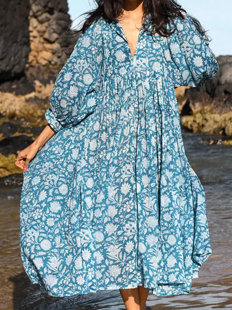 Oversized Casual Loose Dresses Women Summer Elegant Floral Printed Long  Dresses Fashion Lantern Sleeve Boho Beach Holiday Dress - AliExpress  200000345