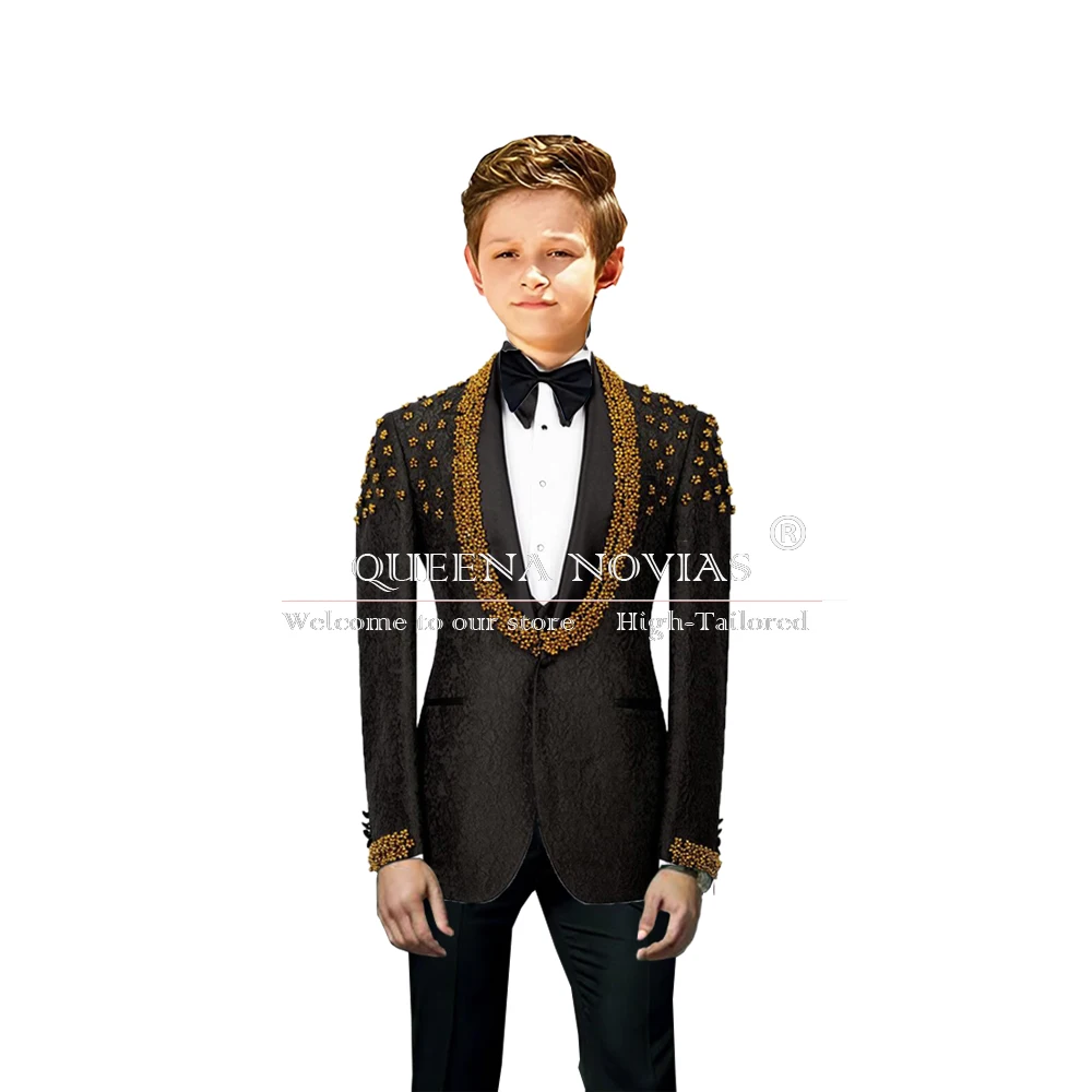 Tuxedos de mariage noirs pour enfants, perles dorées, olympiques floraux pour garçon, ensemble 3 pièces, fête formelle, vêtements de soirée d'anniversaire pour enfants, sur mesure