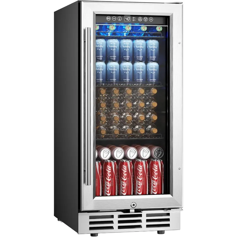 

15 Inch Beverage Refrigerator Cooler Under Counter 127 Cans Beverage Fridge Built-in or Freestanding with Glass Door, LED Light