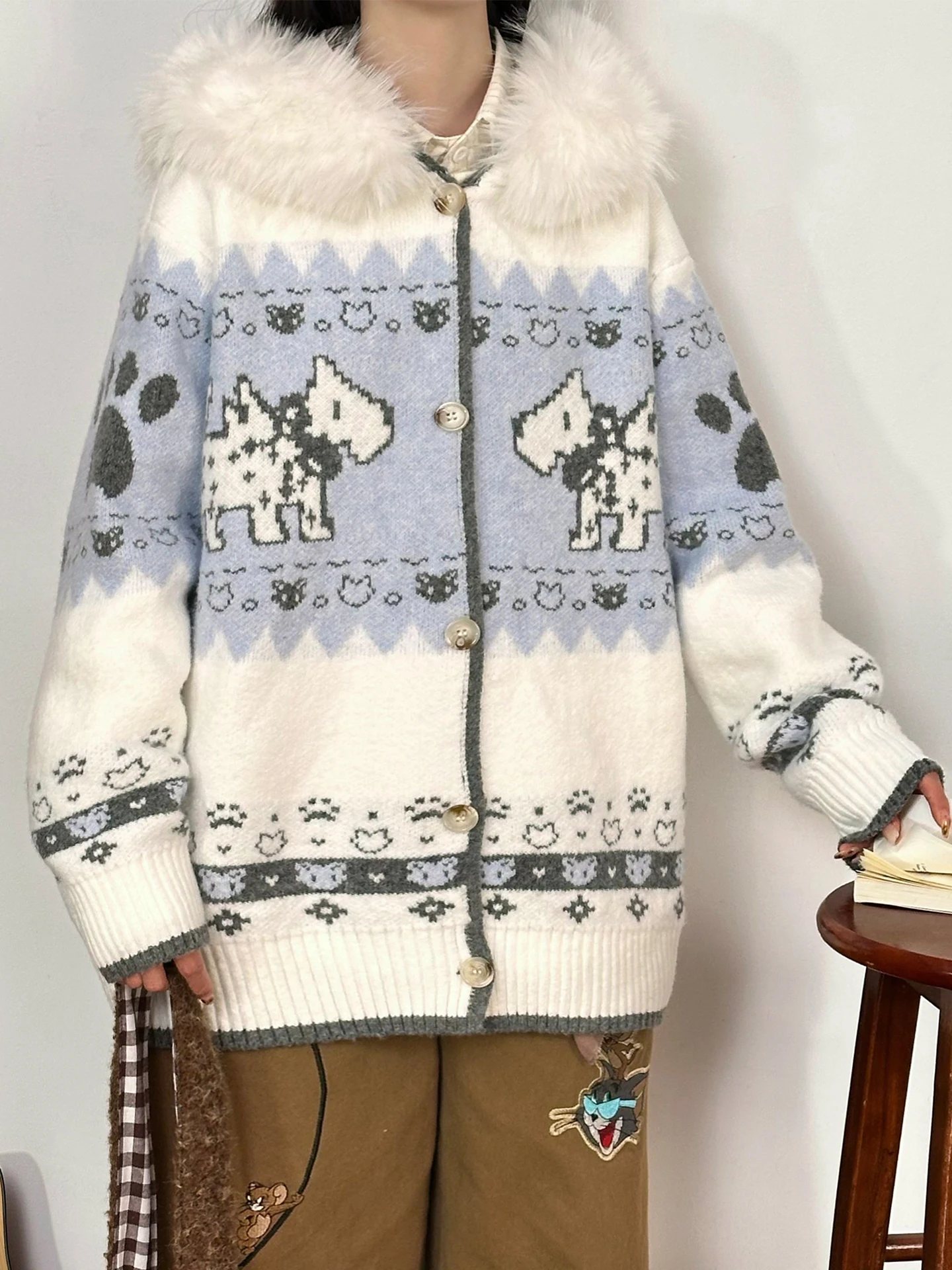 

Ретро-кардиган с воротником из искусственного меха и вязаной шапкой в стиле Fair Isle, женский осенне-зимний свободный удлиненный кардиган-пальто в уличном стиле