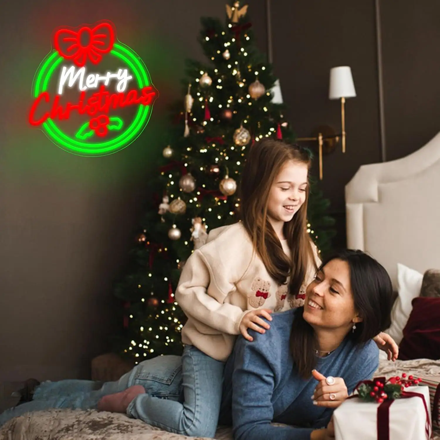 Christmas Bow‑Wreath Neon Sign LED Wall Neon Light Festive Xmas Hanging Decor For Dining Room Living Room Modern Home Interior