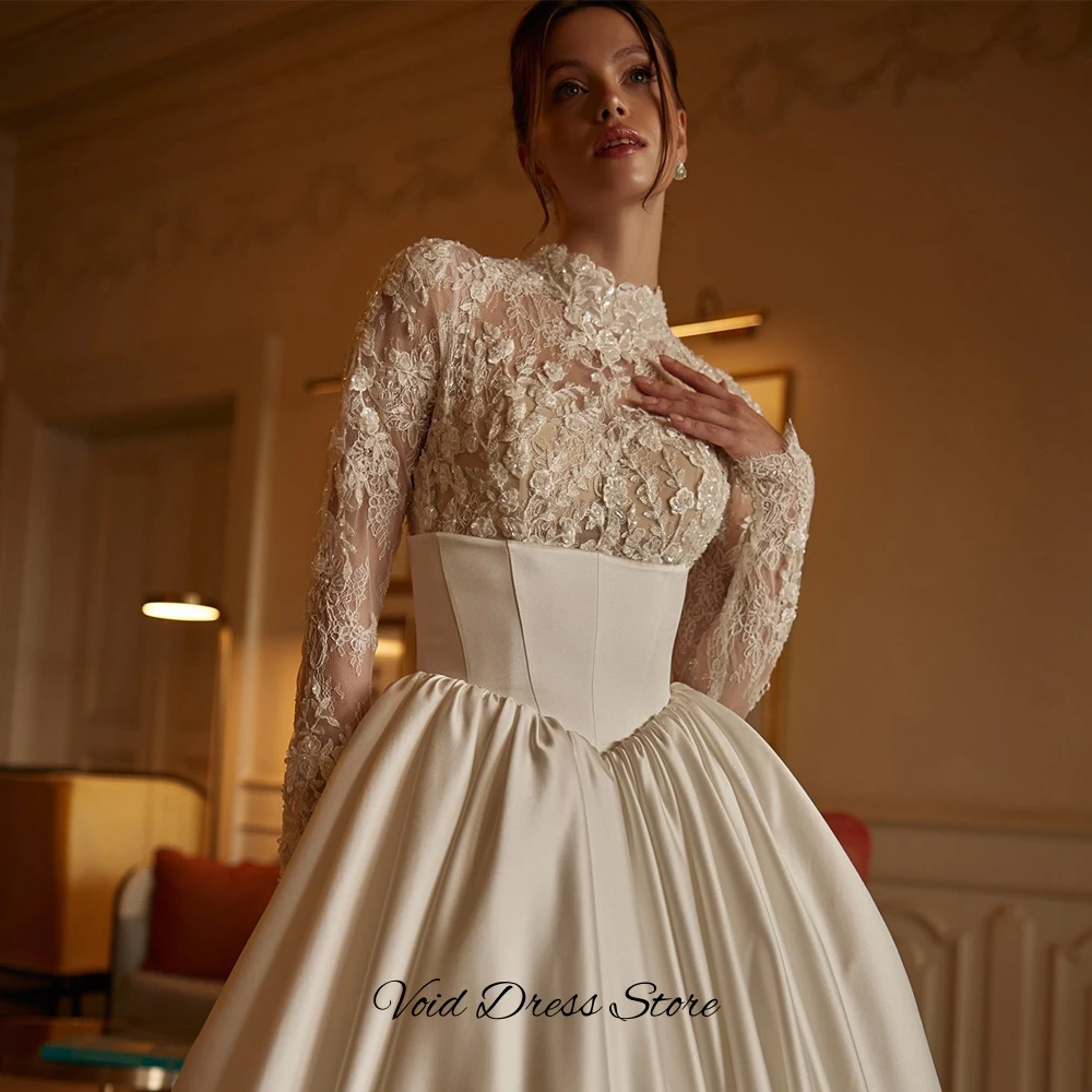 Robe de mariée classique à manches longues et col rond, personnalisée, avec des appliques exquises en dentelle, Vestido De Novia, robe de mariée en satin charmante