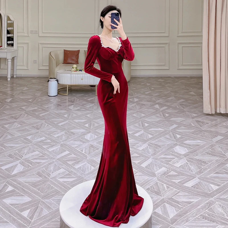 

Red Long Tail Wedding Dr Fi Tail Evening Gown for Bride New 2026 Sle Qian Long Korean Sle Pure Color Acrylic Diamond...