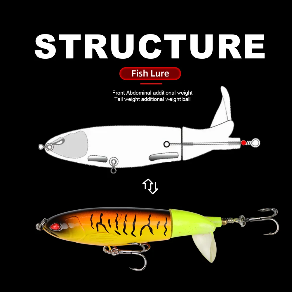 THORFORCE 90MM/100MM Topwater Fishing Lure Artificial Hard Bait Soft Rotating Tail Whopper Popper Pike Bass Fishing Tackle