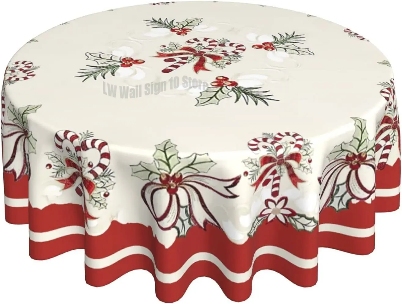 Christmas Round Tablecloths Candy Cane and Christmas Ribbon 60 inch Winter Xmas Table Cloths Cover Mat Washable Table Covers