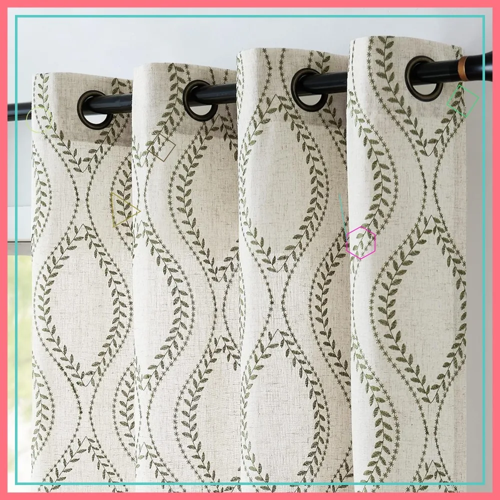 

Linen Blend Curtains 84 Inches Long Beige Green Embroidered Leaf Light Filtering Grommet 2 Panels