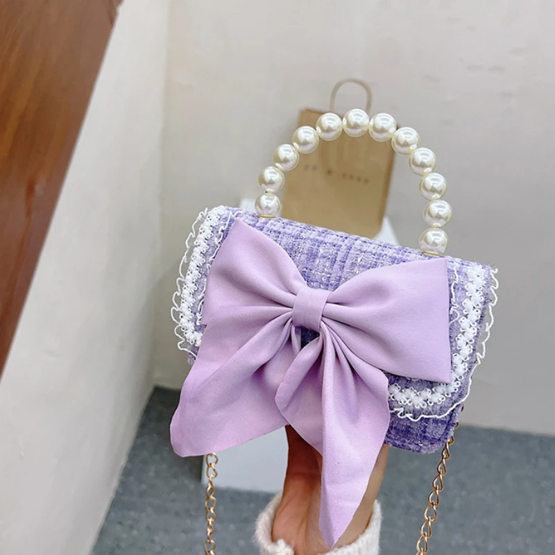 Sweet Bowknot  Baby Girls Shoulder Messenger Bag Cute Pearl Chains Children Crossbody Bags Princess Accessories Purse Handbags