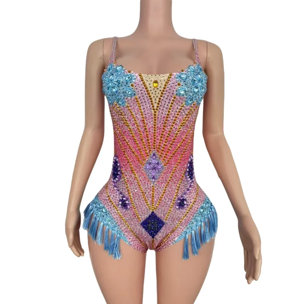 

Shiny Pink Rhinestones Fringe Bodysuit Women Sexy Party Show Performance Dance Costume Nightclub Outfit Singer Dancer Stage Wear