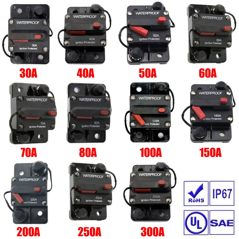 12V/24V/48V Circuit Breaker Fuse Reset 30A/40A /50A /60A/70A/80A/100A/150A/200A/250A/300A Waterproof for Boat Car Audio System