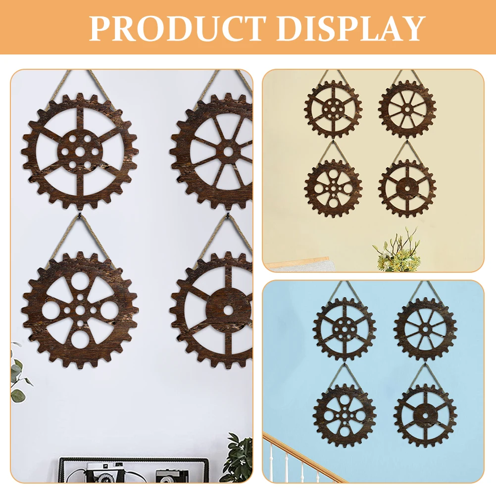

4pcs Gear Decor Retro Industrial Style Wooden Wall Art Home Office Accessories Vintage Rustic Brown Steam Wall