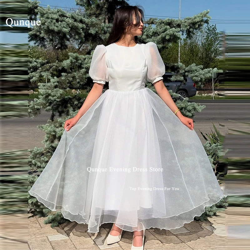 

Qunque Short Puff Sleeves A-line Wedding Dress Ankle Length Organza Scoop Neck Robe De Mariée Vestidos De Novia Boda Customized
