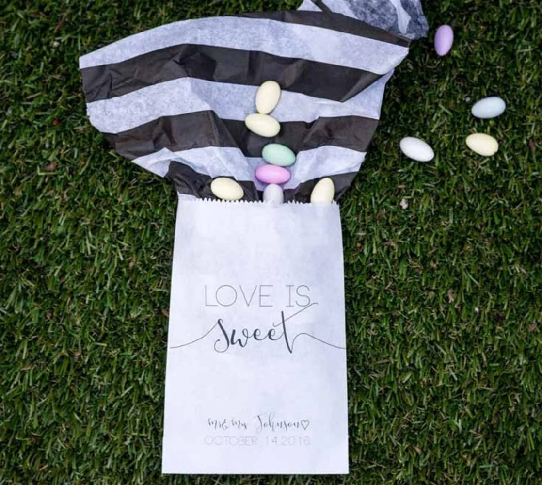 50 Love Is Sweet Personalized Wedding Favor Bags - Candy Buffet Bags, Rehearsal Dinner, Engagement Party, Bridal Shower Favor, T