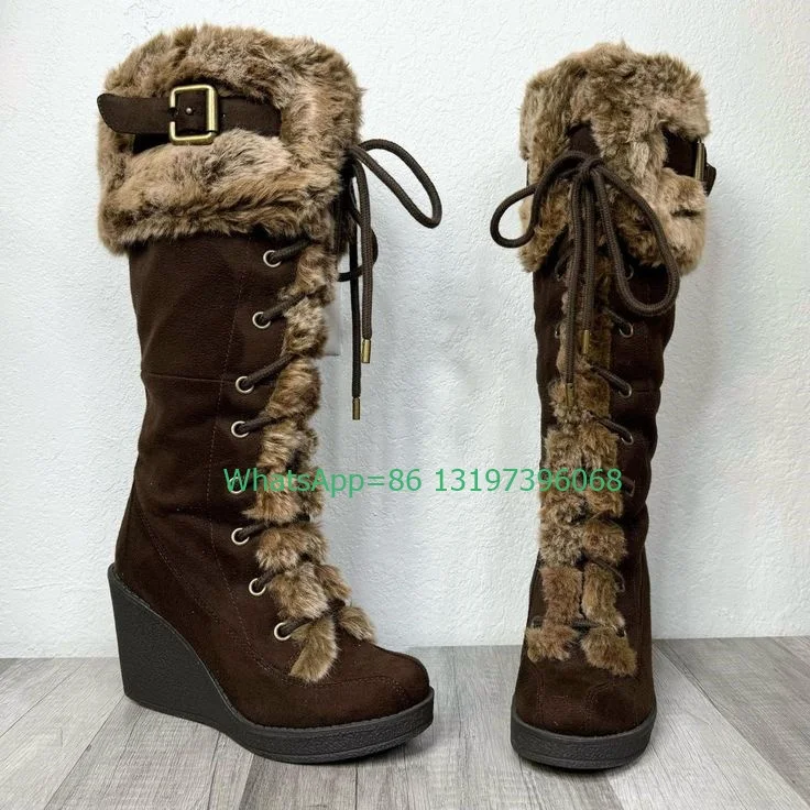 Lady Vintage Brown Fur Lace-Up Knee Boots Platform Wedges Heel Fur Dark Suede Brown Fur Feather Boots Winter Dress Boots Runway