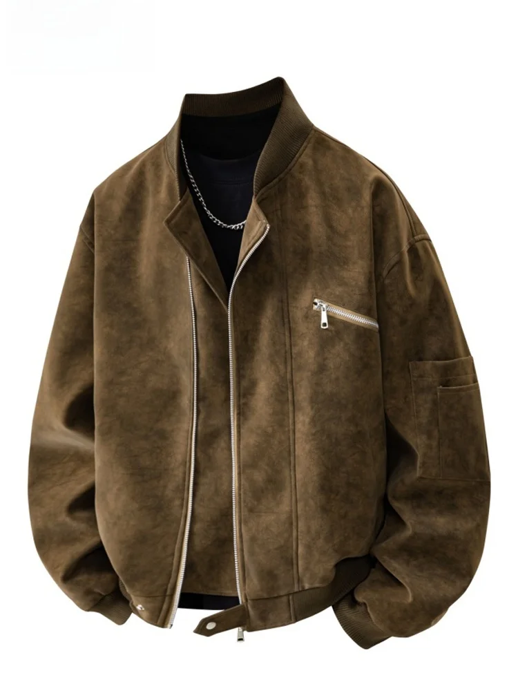 

Мужская кожаная куртка с бейсбольным воротником Collaboration, универсальная куртка свободного покроя в американском стиле High Street, длинная све