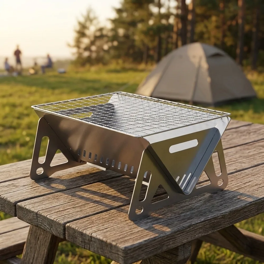 Portable Foldable Stainless Steel BBQ Grill For Camping Outdoor Charcoal Barbecue Stove With Storage Bag