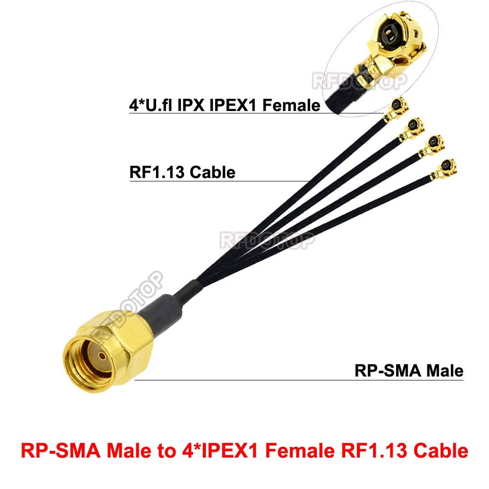 1PCS RP-SMA Male to 4 uFL/u.FL///IPEX-1 Female Connector RF1.13 Cable RF Jumper Pigtail for WiFi Antenna RPSMA-K