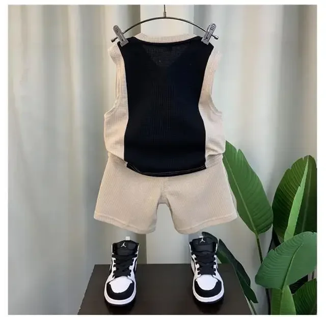 2023 New Summer Korean Cool Boys Clothing Set Vest & Pullover Children\'s Set for Boys Baby Clothes Children Breathable Waffle