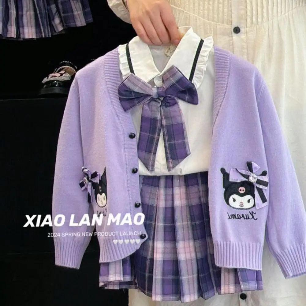 New Kuromi Childrens Cosplay Academy Style Pleated Skirt Jk Sanrio Kawaii Cartoon Knitted Cardigan Three Piece Set Clothes Gifts