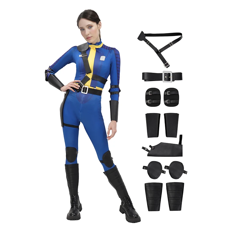 

DAZCOS Women Lucy 33 Dweller Cosplay Bodysuit Costume Jumpsuit Blue Outfit for Halloween Cosplay Full Set Jumpsuit