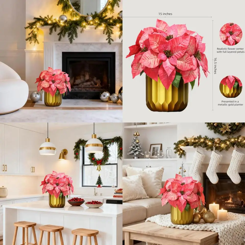 

Poinsettia Flowers Artificial in Golden Vase, 12 Heads Christmas Flowers, 16.5" Artificial Poinsettias Christmas Decor for Table