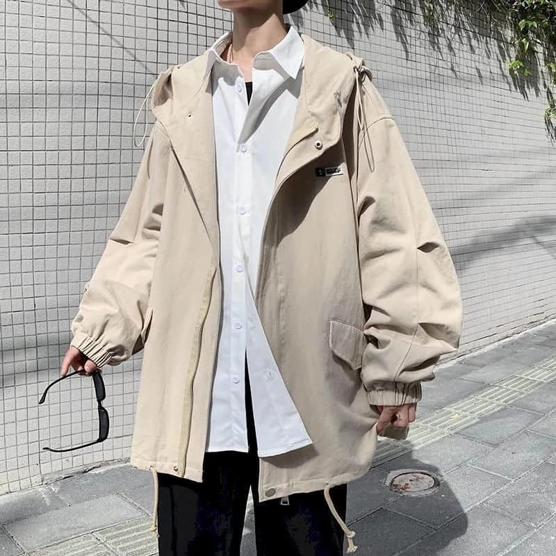 Hooded jacket men women spring autumn Hong Kong style trend loose ruffian handsome mid-length tooling jacket men's windbreaker