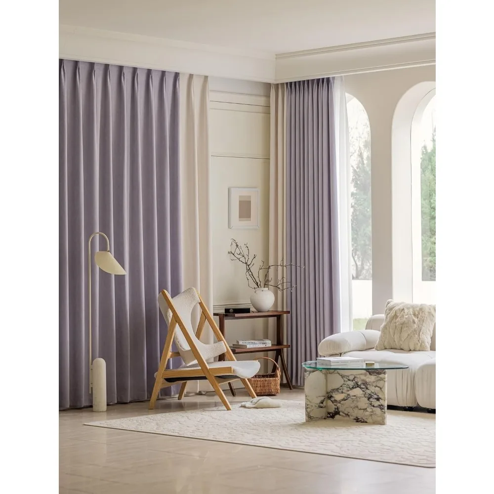 Blackout Chenille Jacquard Curtains, Light Purple Cream Patchwork with Grommets, 42x54 Inches, 2-Panel Set, Durable Window Treat
