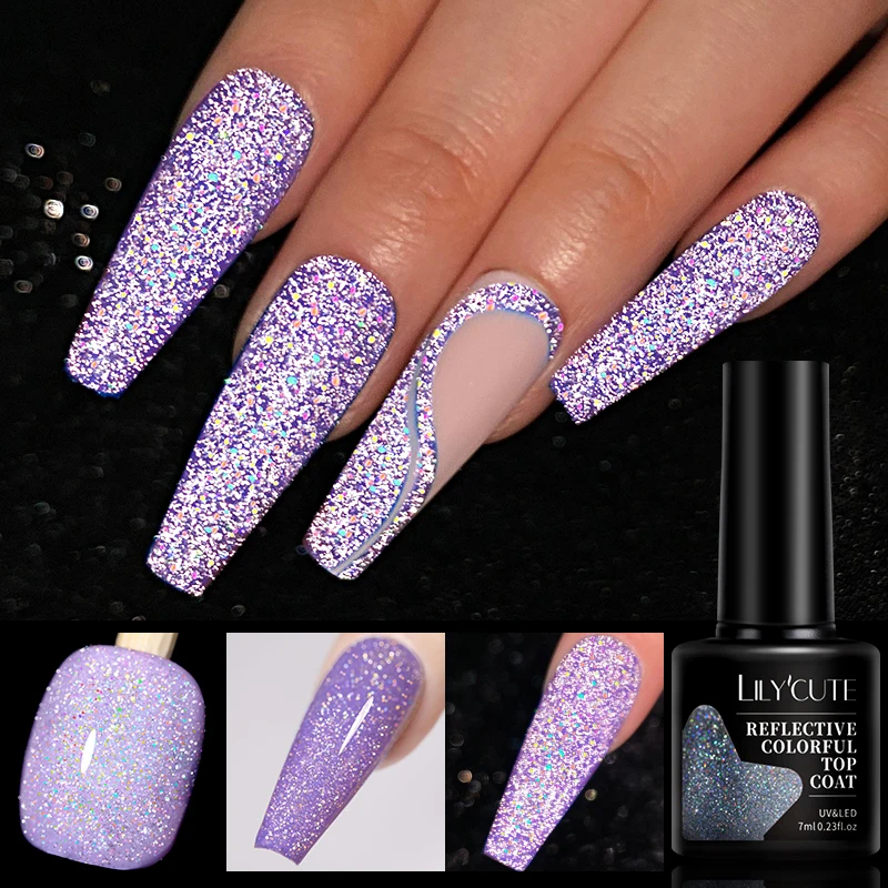 LILYCUTE 7ml Reflective Colorful Top Coat Glitter Laser Gel Nail Polish Vernis Semi Permanent Uv Gel Hybird Nail Art Esmaltes