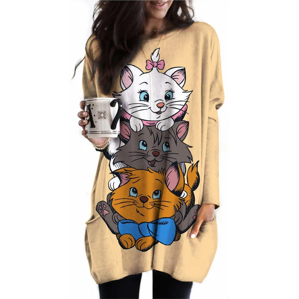 Disney cartoon Mary Cat print Women\'s T-shirts Autumn Long Sleeves T shirt Tops Designer Casual Loose O-neck Women Clothing