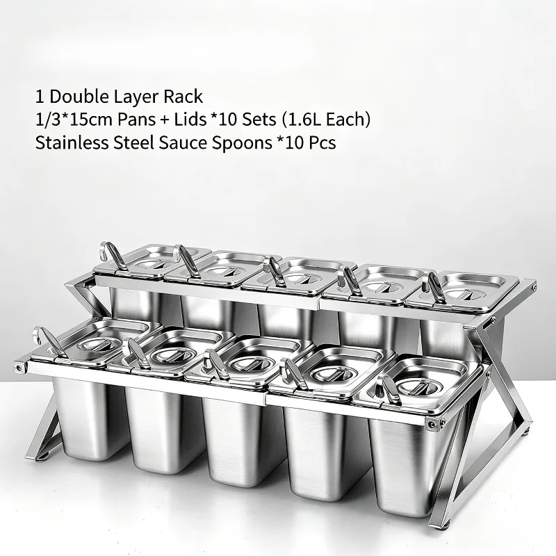 Stainless Steel Condiment Box Commercial Sauce Container Spice Storage Box with Seasoning Rack for Kitchen Catering Use