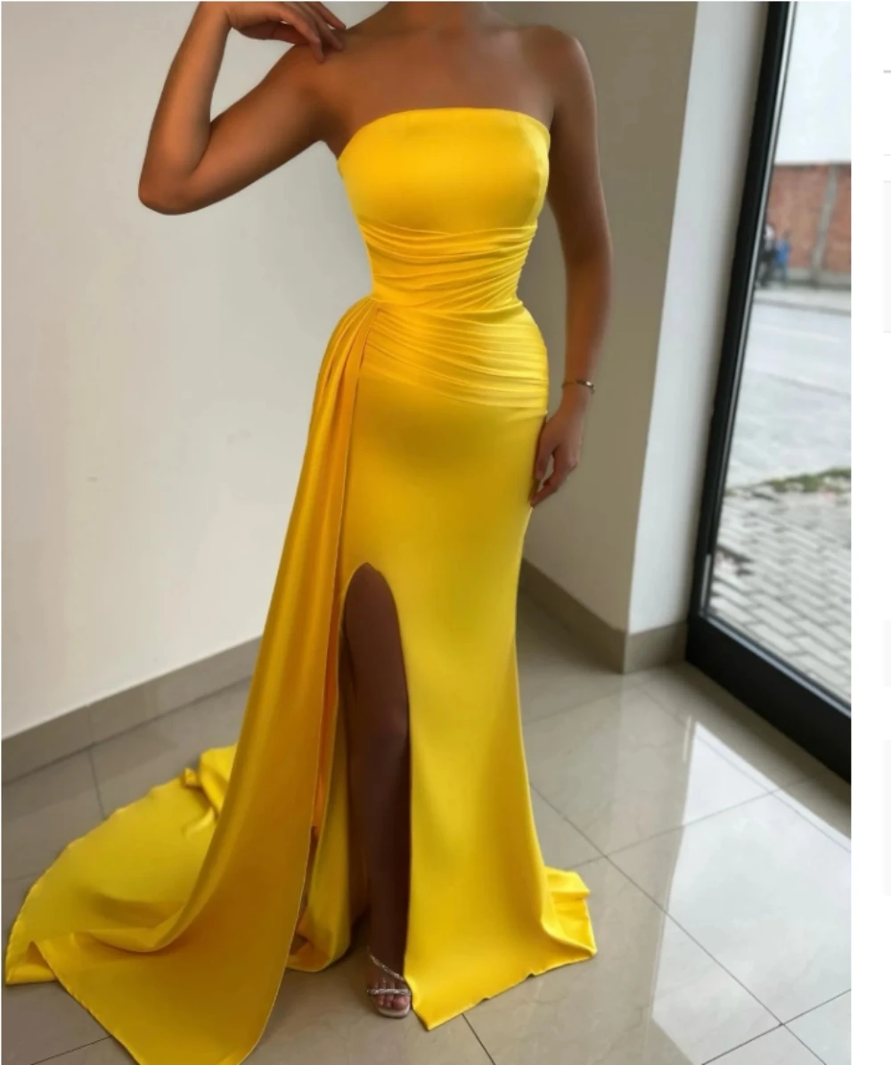 

2024 Elegant Yellow Evening Gown Black Girl Strapless Split Party Prom Dresses Pleats Formal Long Dress Custom Vestidos De Noche