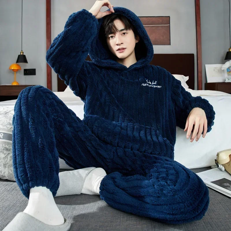 

New Winter Men's Pajama Sets 2025 Thick Warm Hooded 2 Piece Homewear Set for Men Flannel Sleepwear Loose Long Sleeve Pajamas Men