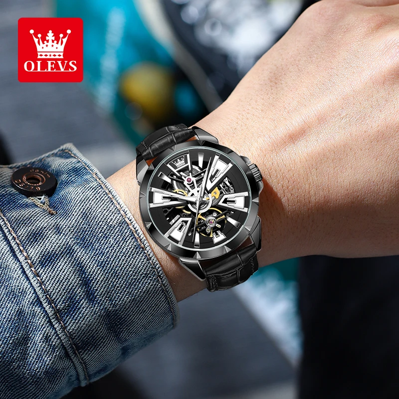 ساعة OLEVS 7051 للرجال ساعة ميكانيكية أوتوماتيكية مجوفة للرجال بحزام جلدي موضة أصلية مقاومة للماء ساعات يد مضيئة