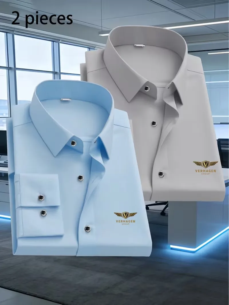 2pcs Men's Business Casual Long Sleeve Shirts with V Wing Print Premium Business Casual Shirt Slim Fit Long Sleeve 5 Colors
