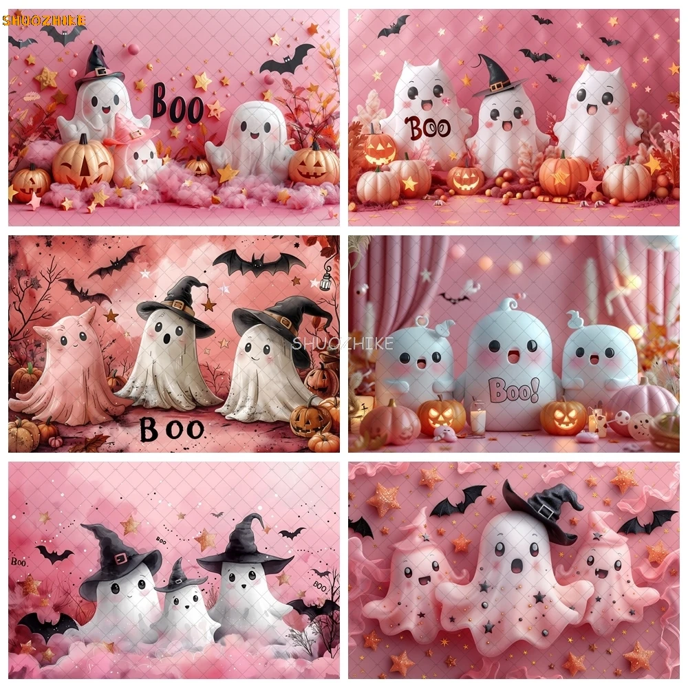 

Halloween Banner Backdrop Pink Ghost Newborns 1st Birthday Party Decoration Photography Background Baby Shower Decor Supplies