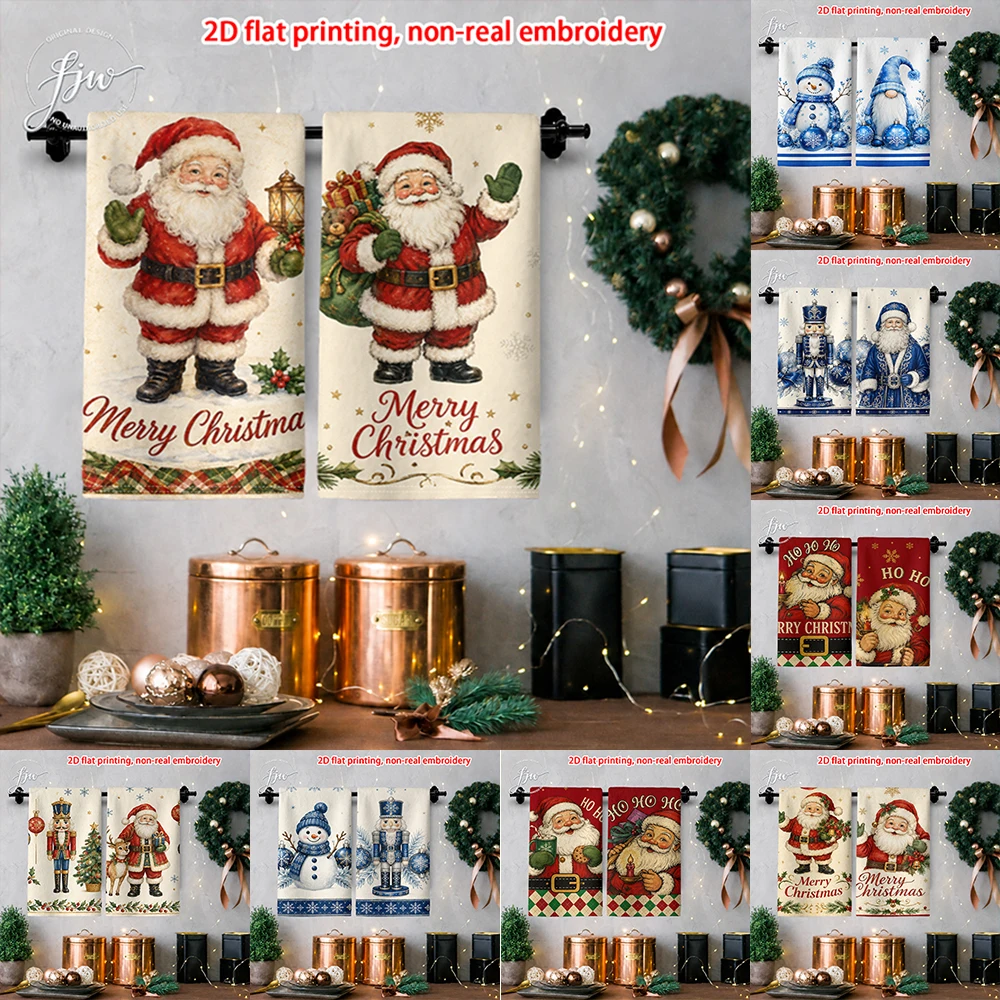 2pcs Christmas Kitchen Towels Set of 2 Vintage Santa Snowman Gnome Xmas Decorative Dish Towels for Holiday Home Cooking Baking